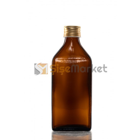 250 ML Amber Yassı Cam Şişe Gold Metal Kapaklı