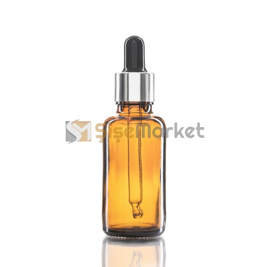 30 ML YAĞ ŞİŞESİ AMBER RENK BOŞ DAMLALIKLI SİYAH LASTİK GÜMÜŞ METAL KAPAK