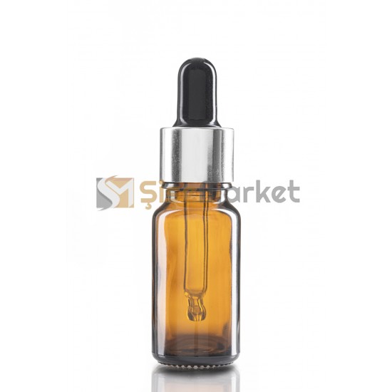 5 ML KOZMATİK ŞİŞESİ CAM ŞİŞE AMBER RENK BOŞ DAMLALIKLI SİYAH LASTİK GÜMÜŞ METAL KAPAK 