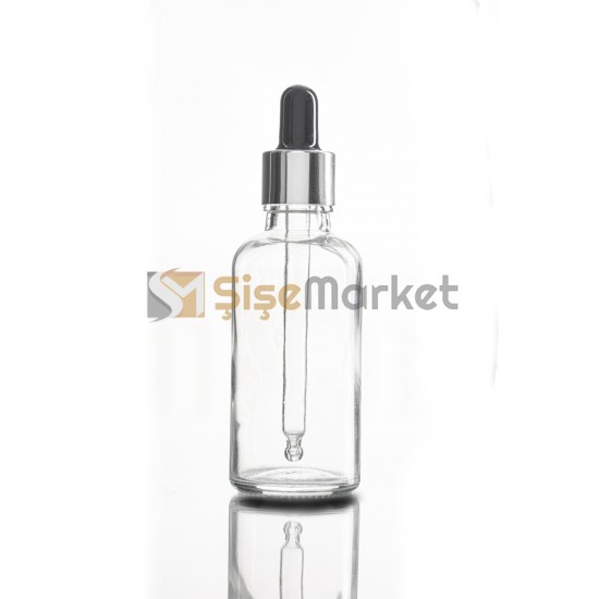 50 ML ŞEFFAF DROPPER BOŞ DAMLALIKLI SİYAH LASTİK GÜMÜŞ METAL KAPAK