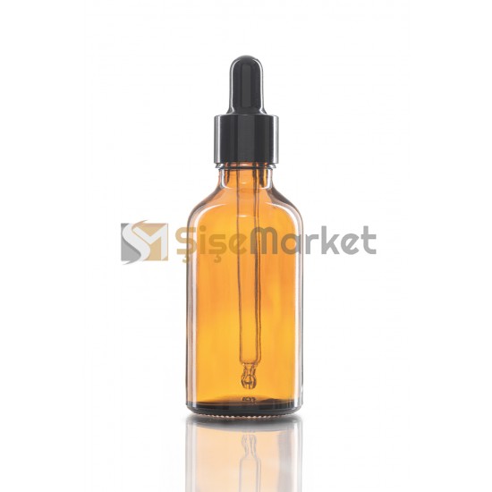 50 ML LİKİT ŞİŞESİ CAM ŞİŞE AMBER RENK BOŞ DAMLALIKLI SİYAH LASTİK SİYAH METAL KAPAK