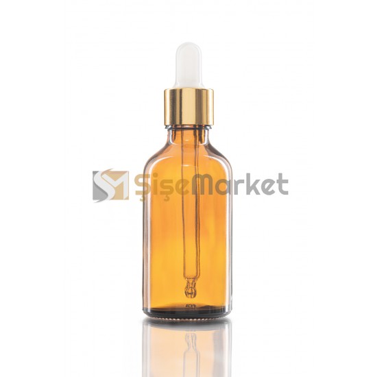 50 ML YAĞ ŞİŞESİ AMBER RENK BOŞ DAMLALIKLI BEYAZ LASTİK GOLD METAL KAPAK