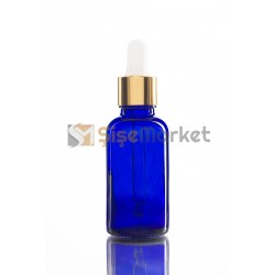 30 ML YAĞ ŞİŞESİ MAVİ RENK BOŞ DAMLALIKLI BEYAZ LASTİK GOLD METAL KAPAK