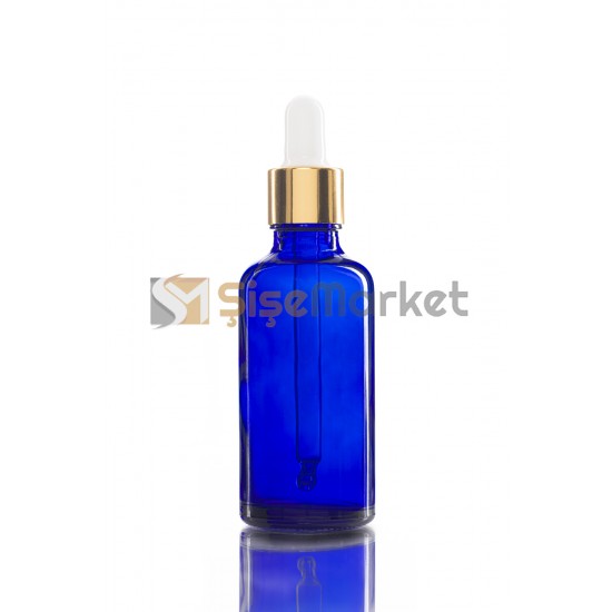 50 ML MAVİ DROPPER BOŞ DAMLALIKLI BEYAZ LASTİK GOLD METAL KAPAK