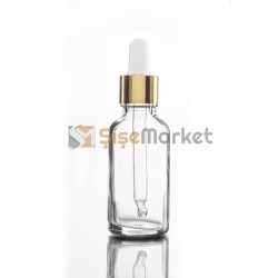 30 ML YAĞ ŞİŞESİ ŞEFFAF RENK BOŞ DAMLALIKLI BEYAZ LASTİK GOLD METAL KAPAK