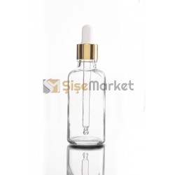 50 ML ŞEFFAF DROPPER BOŞ DAMLALIKLI BEYAZ LASTİK GOLD METAL KAPAK