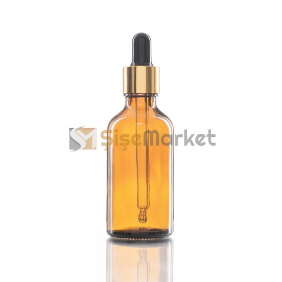 50 ML LİKİT ŞİŞESİ CAM ŞİŞE AMBER RENK BOŞ DAMLALIKLI SİYAH LASTİK GOLD METAL KAPAK