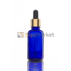 30 ML YAĞ ŞİŞESİ MAVİ RENK BOŞ DAMLALIKLI SİYAH LASTİK GOLD METAL KAPAK