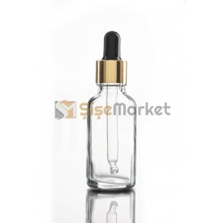 30 ML YAĞ ŞİŞESİ ŞEFFAF RENK BOŞ DAMLALIKLI SİYAH LASTİK GOLD METAL KAPAK