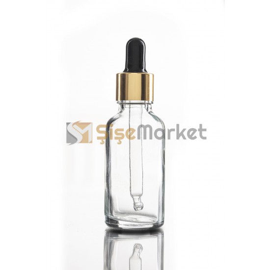 30 ML TOPTAN CAM ŞİŞE ŞEFFAF RENK BOŞ DAMLALIKLI SİYAH LASTİK GOLD METAL KAPAK