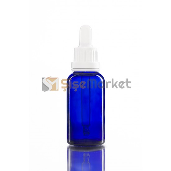 30 ML YAĞ ŞİŞESİ MAVİ RENK BOŞ DAMLALIKLI BEYAZ LASTİK BEYAZ PLASTİK KİLİTLİ DELİKLİ KAPAK