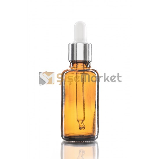 30 ML YAĞ ŞİŞESİ AMBER RENK BOŞ DAMLALIKLI BEYAZ LASTİK GÜMÜŞ METAL KAPAK