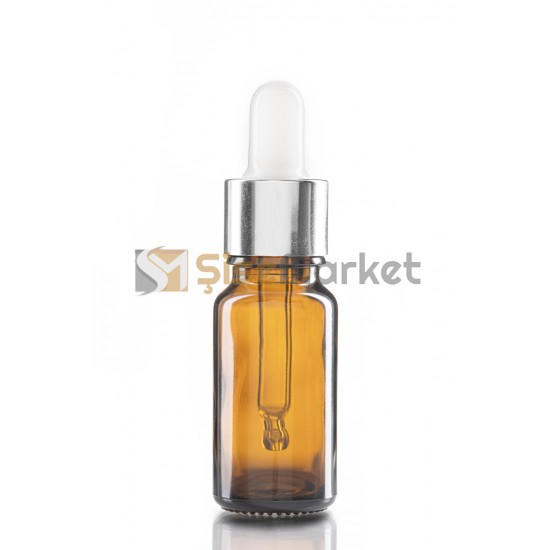 5 ML LİKİT ŞİŞESİ CAM ŞİŞE AMBER RENK BOŞ DAMLALIKLI BEYAZ LASTİK GÜMÜŞ METAL KAPAK